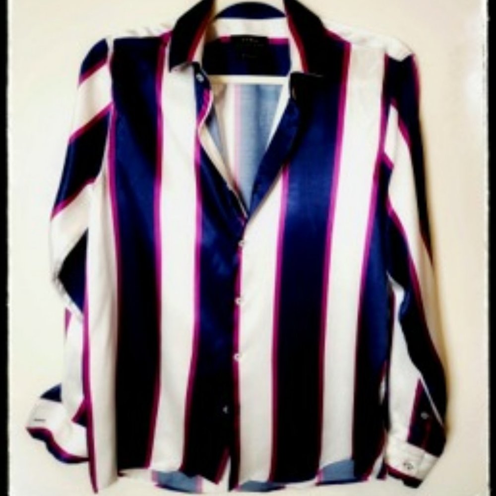 Zara Men Striped Satin Long Sleeve Shirt (Small)